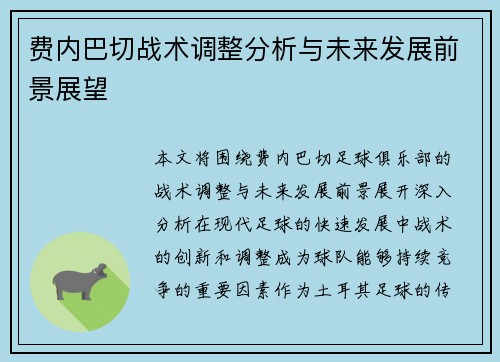 费内巴切战术调整分析与未来发展前景展望 费内巴切战术调整分析与未来发展前景展望