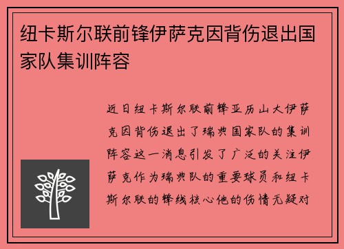 纽卡斯尔联前锋伊萨克因背伤退出国家队集训阵容